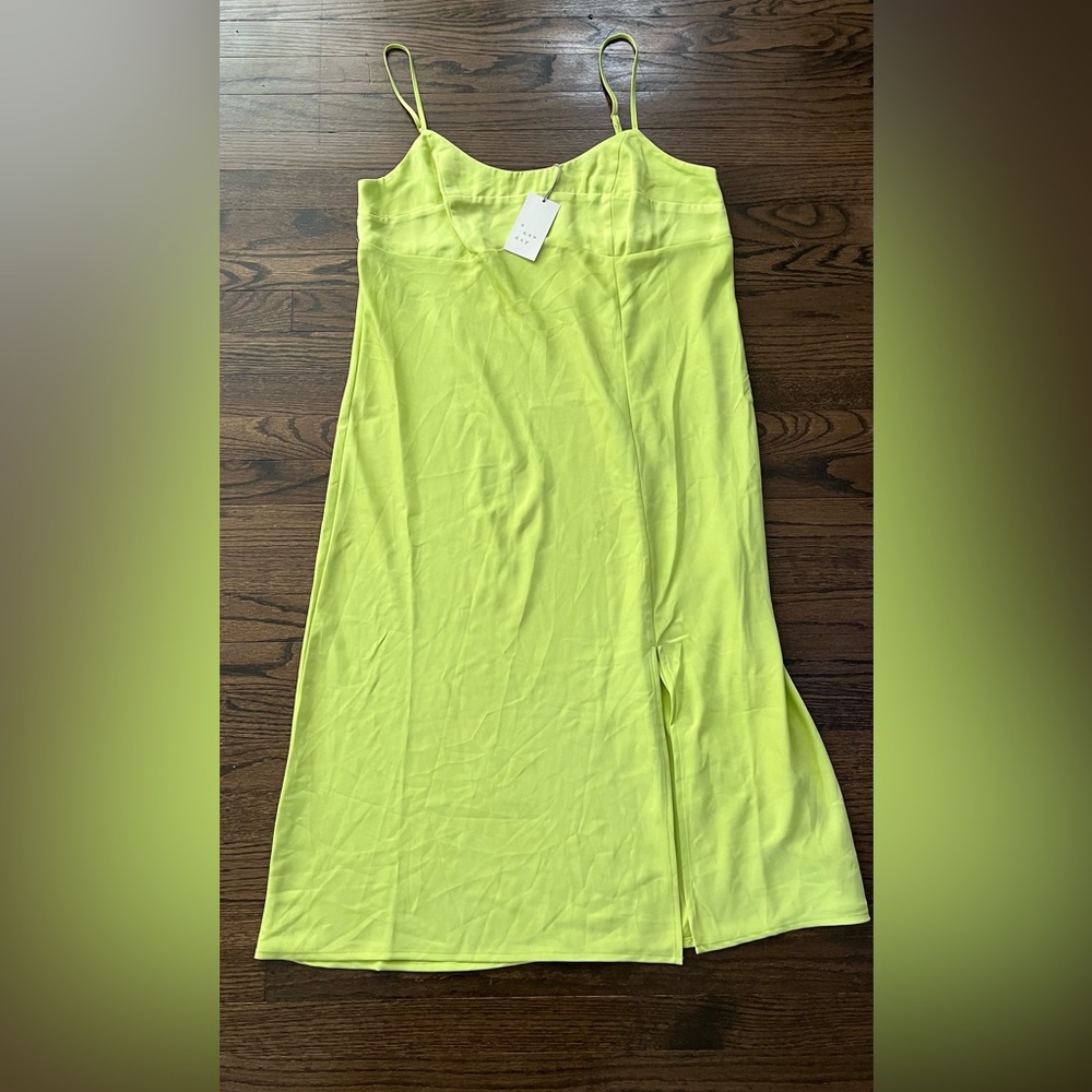 A New Day Lime Green Midi Slip Dress Asymmetrical Slit